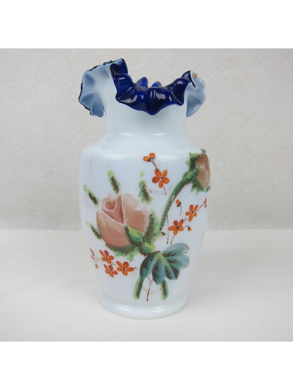 Antique Blue Opaline Glass Vase Hand Painted Floral Design Ruffled Double Crimp